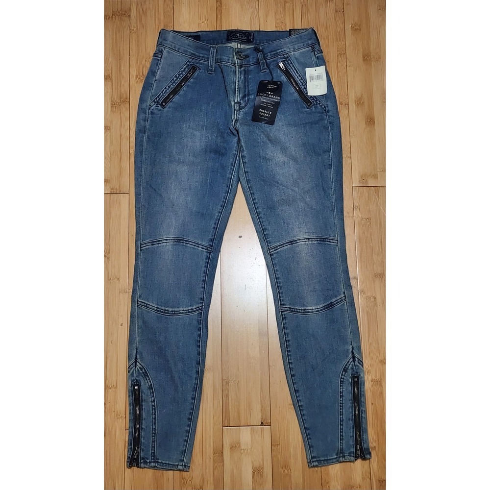 Lucky Brand Charlie Skinny Jeans Womens 4/27 Blue Low Rise Moto Zip Ankle NWT